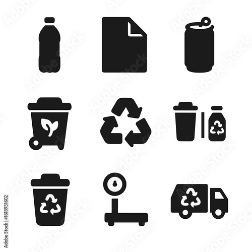 Recycling Icon Set. Solid, filled icon set of recycling and sorting: plastic icon, paper symbol, metal can, compost bin, recycle