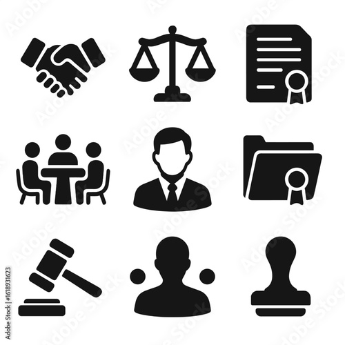 Legal Icons Grid. Solid, filled icons set of legal mediation sessions: handshake, balance scale, legal