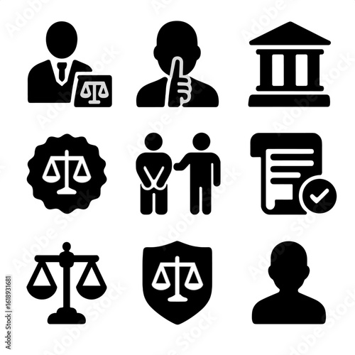 Legal Rights Icons. Solid, filled icons set of legal rights icons: legal aid icon, right to remain silent,