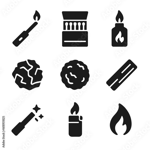 Lighting Methods Icons. Solid, filled icons set of lighting methods: long lighter, matchbook, firestarter gel,