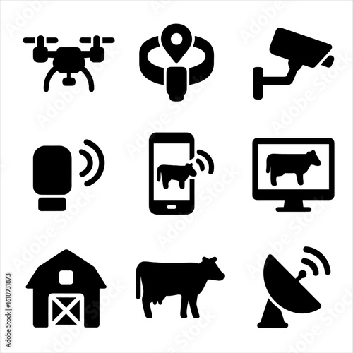 Livestock Tech Icons. Solid, filled icon set of livestock monitoring technology: drone, GPS collar, camera, sensor, smartphone,