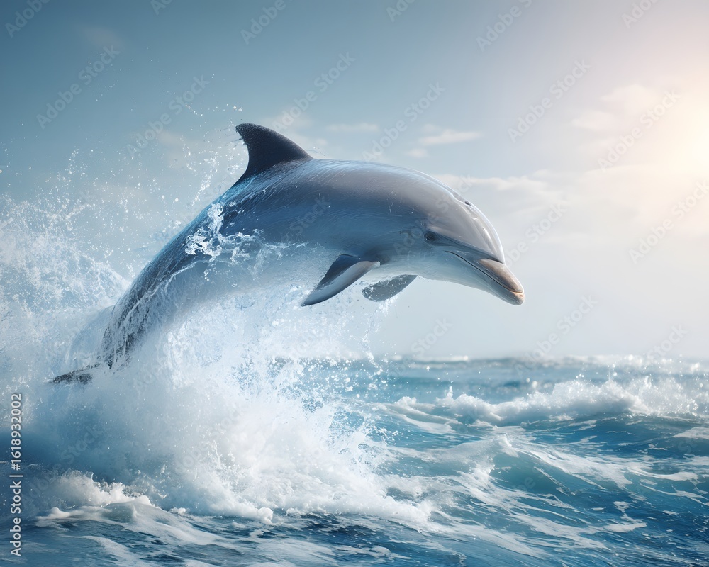 Fototapeta premium Dolphin Leaping Out of Ocean Water with Sunlight