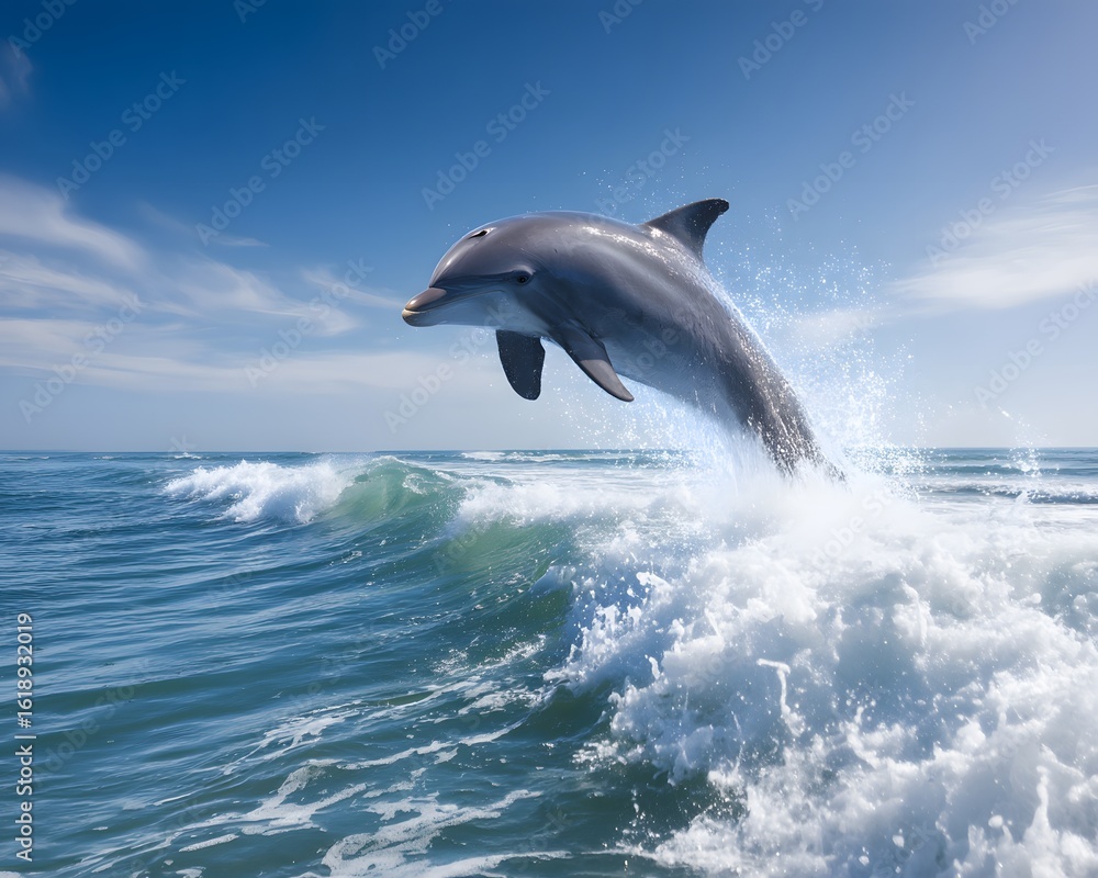 Fototapeta premium Atlantic Bottlenose Dolphin Leaping Out of Ocean Wave