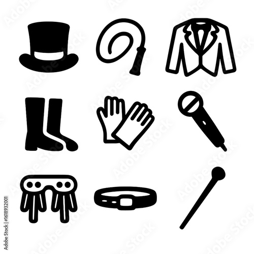 Ringmaster Icon Set. Solid, filled icon set of ringmaster costumes and props: top hat, whip, tailcoat, boots, gloves, microphone,