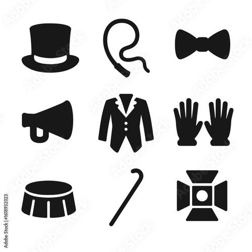 Ringmaster Essentials Icons. Solid, filled icon set of ringmaster essentials: top hat, whip, bow tie, megaphone, spotlight, red