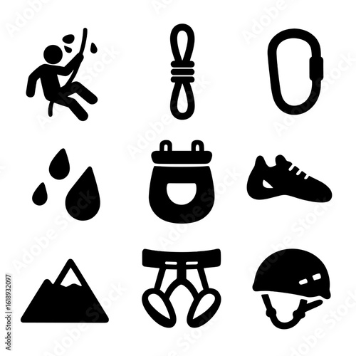 Rock Climbing Icon Set. Solid, filled icon set of a person holding on to a rope while rock climbing, sweating: climber silhouette,