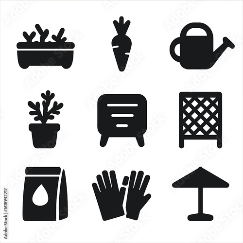 Rooftop Gardening Icons. Solid, filled icon set of rooftop gardening and food sources: planter box, vegetable, herb plant,