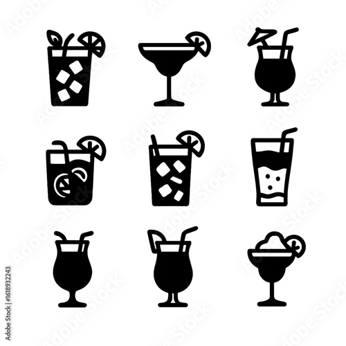 Rum Cocktail Icons. Solid, filled icon set of rum-based signature drinks: mojito, daiquiri, piña colada, mai tai, cuba libre, dark