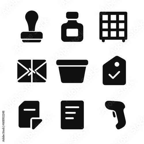 Mailroom Equipment Icons. Solid, filled icons set of mailroom equipment: rubber stamp, ink bottle, sorting
