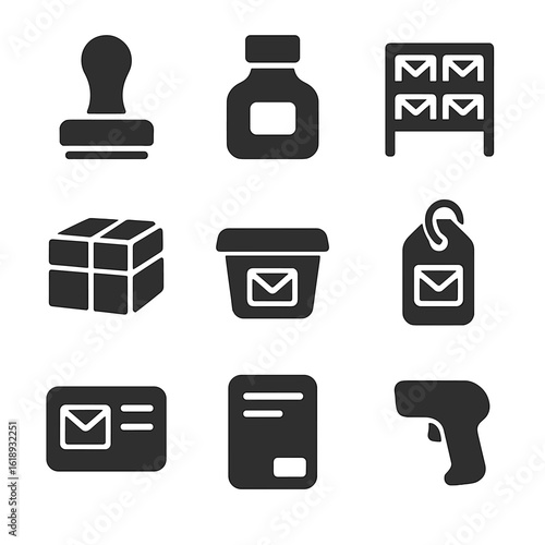Mailroom Equipment Icons. Solid, filled icons set of mailroom equipment: rubber stamp, ink bottle, sorting