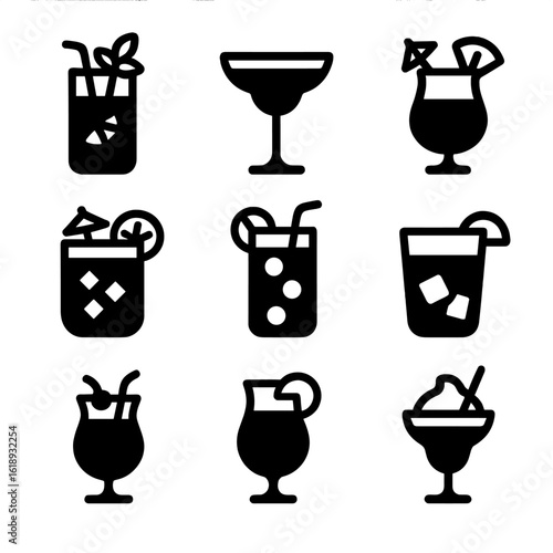 Rum Cocktail Icons. Solid, filled icon set of rum-based signature drinks: mojito, daiquiri, piña colada, mai tai, cuba libre, dark