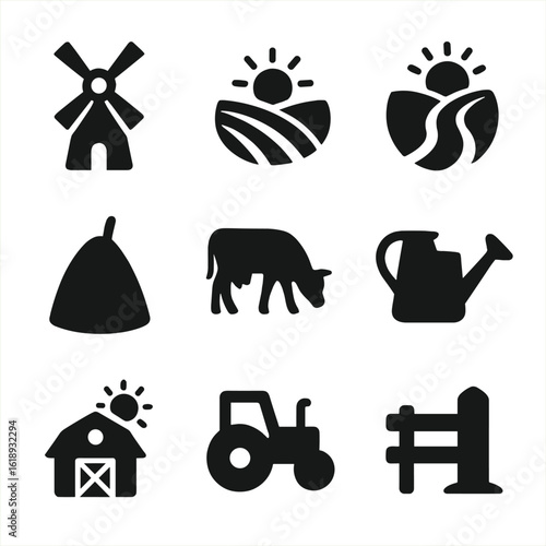 Rural Icon Set. Solid, filled icon set of rural sunny skies: windmill, field with sun, dirt road, haystack, cow grazing, watering