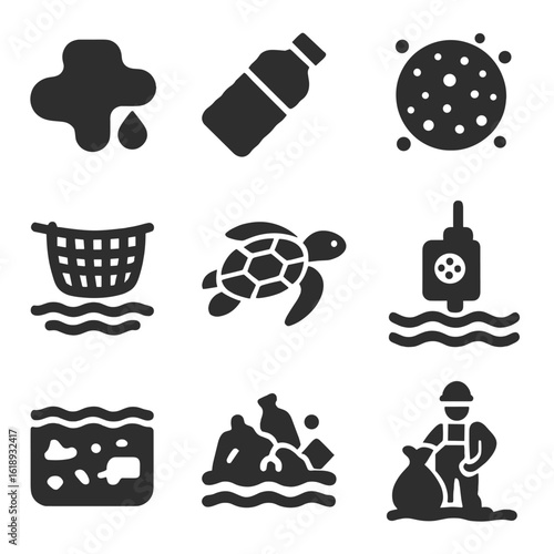Marine Pollution Icons. Solid, filled icons set of marine pollution research: oil spill, plastic bottle,