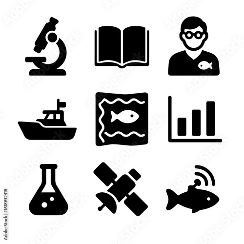 Marine Research Icons. Solid, filled icon set of marine research and education: microscope, open book, marine scientist, research