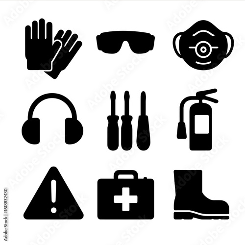 Safety Equipment Icons. Solid, filled icon set of safety equipment for appliance repair: gloves, safety glasses, mask, ear