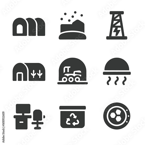 Martian Modules Icons. Solid, filled icons set of Martian living modules: inflatable habitat, red dust shield,