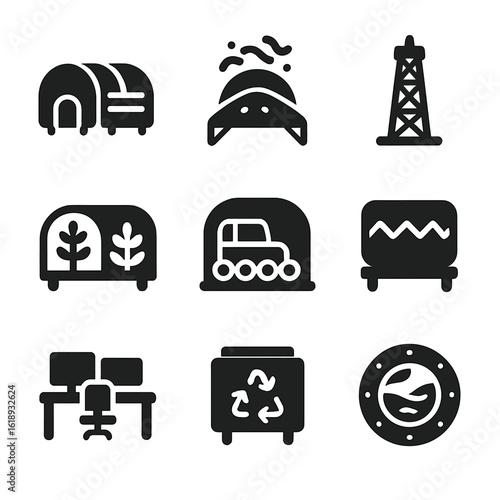 Martian Modules Icons. Solid, filled icons set of Martian living modules: inflatable habitat, red dust shield,