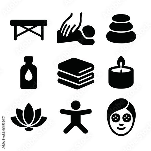 Massage Therapy Icons. Solid, filled icon set of massage therapy treatments: massage table, hand kneading muscles, hot stones,