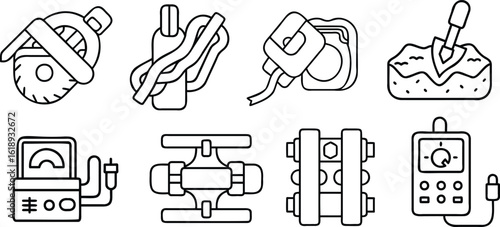 Construction Tools and Instruments: A schematic representation of various construction tools and instruments used in construction and electrical work, neatly arranged.