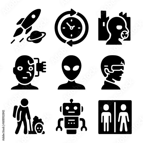 Sci-Fi Icon Set. Solid, filled icon set of science fiction themes: space exploration, time travel, dystopia, artificial