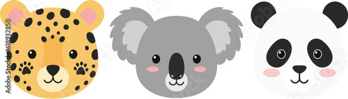 Cute Cartoon Animal Faces Leopard Koala and Panda on transparent background