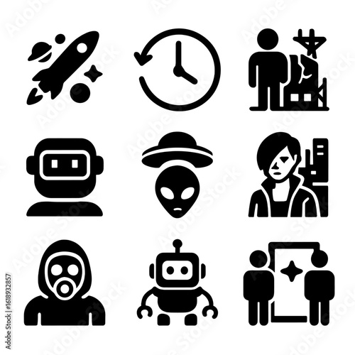 Sci-Fi Icon Set. Solid, filled icon set of science fiction themes: space exploration, time travel, dystopia, artificial
