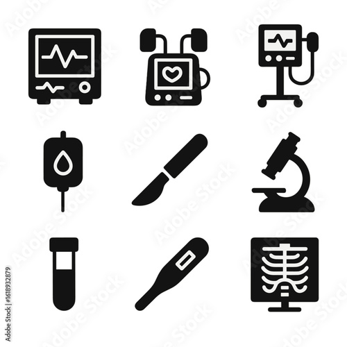 Medical Equipment Icons. Solid, filled icon set of medical equipment: ECG monitor, defibrillator, ventilator, IV drip, surgical