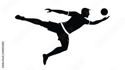 Silhouette of a sportsman reaching up to catch a volleyball on a transparent backdrop
