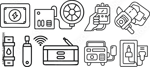 Modern Gadget Icons: An array of sleek, minimalistic icons representing contemporary devices, each symbolizing elements of the modern technology, energy, and information.