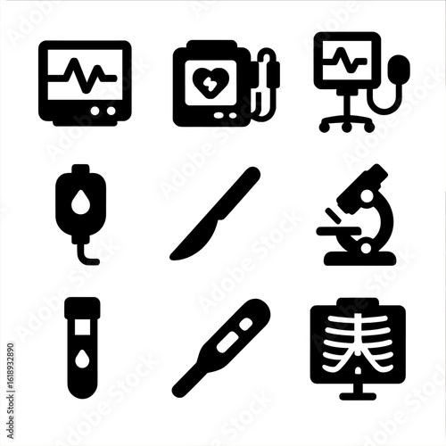 Medical Equipment Icons. Solid, filled icon set of medical equipment: ECG monitor, defibrillator, ventilator, IV drip, surgical