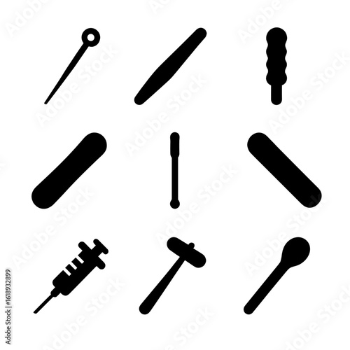 Medical Tool Icons. Solid, filled icon set of medical and therapeutic sticks: acupuncture needle, reflexology stick, massage stick