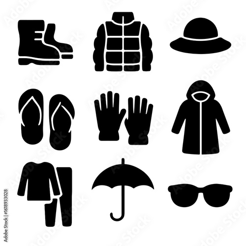 Seasonal Clothing Icons. Solid, filled icon set of seasonal clothing storage: snow boots, puffer jacket, sun hat, flip flops,