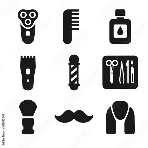 Men's Grooming Icons. Solid, filled icons set of men’s grooming services: electric razor, beard comb,