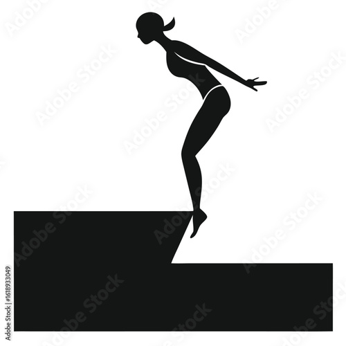 Silhouette shows a female swimmer diving off the platform, isolated with transparent background