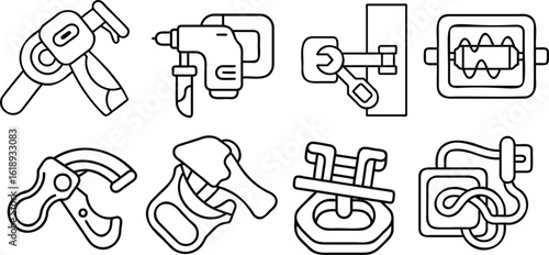 Essential Tool Set: A detailed collection of essential tools presented in a clean, illustrative style, perfect for a wide range of construction and repair tasks.