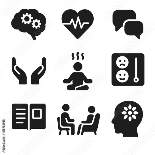 Mental Health Icons. Solid, filled icon set of mental health and wellness: brain with gears, heart with pulse, support hands,