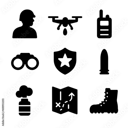 Military Icon Grid. Solid, filled icon set of storming enemy territory: soldier silhouette, attack drone, walkie-talkie, night