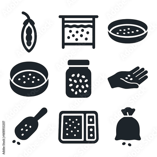 Seed Harvesting Icons. Solid, filled icon set of seed harvesting: seed pod, drying rack, threshing basket, seed sieve, labeled jar