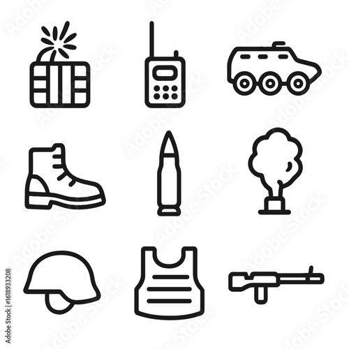 Military Icon Grid. Solid, filled icon set of storming enemy territory: explosive charge, combat radio, armored vehicle, soldier