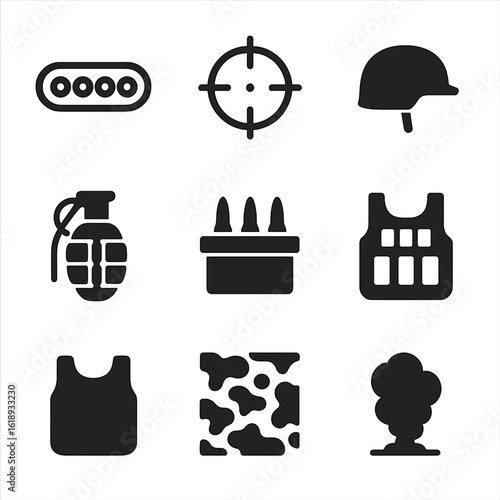 Military Icon Set. Solid, filled icon set of storming enemy territory: tank tread, rifle sight, soldier helmet, hand grenade, ammo