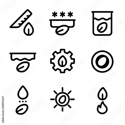 Seed Treatment Icons. Solid, filled icon set of Seed treatment methods: scarification, stratification, soaking, priming, coating,