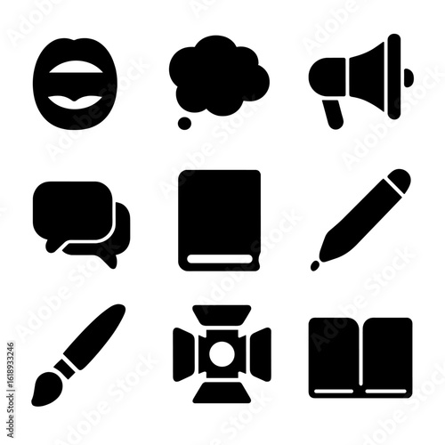 Self-Expression Icons Grid. Solid, filled icon set of self-expression and voice: open mouth, thought cloud, megaphone, dialogue