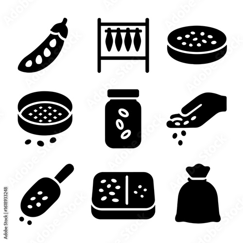 Seed Harvesting Icons. Solid, filled icon set of seed harvesting: seed pod, drying rack, threshing basket, seed sieve, labeled jar