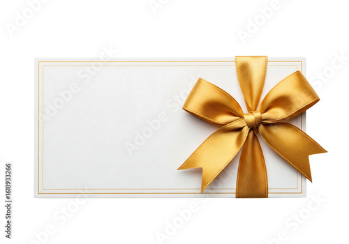 Blank gift card or invitation envelope with a golden satin ribbon bow. Isolated on transparent background, png
