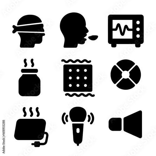 Sensory Experiment Icons. Solid, filled icon set of sensory experiments: blindfold, taste test, sound wave machine, smell jar,