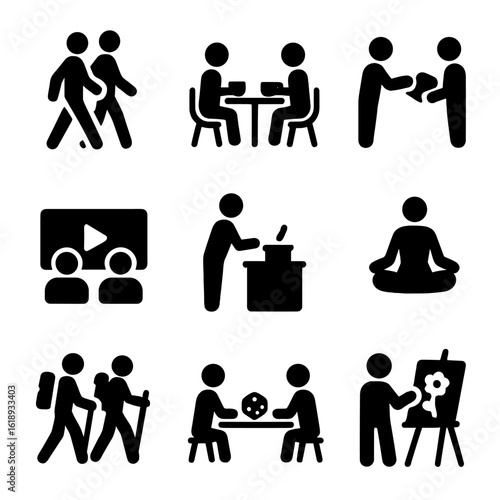 Shared Activities Icons. Solid, filled icon set of shared activities for support: walking together, coffee meeting, book sharing,