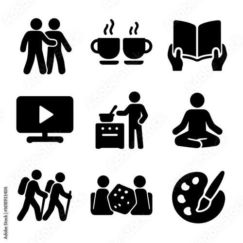 Shared Activities Icons. Solid, filled icon set of shared activities for support: walking together, coffee meeting, book sharing,