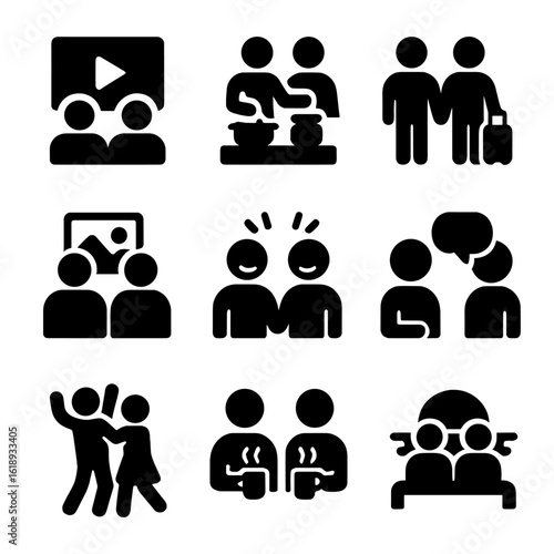 Shared Experiences Icons. Solid, filled icon set of shared experiences: watching a movie together, cooking together, traveling
