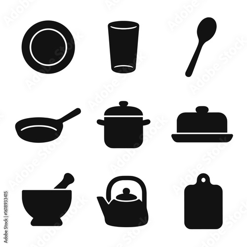 Minimalist Kitchen Icons. Solid, filled icon set of cozy minimalist kitchenware: ceramic plate, glass cup, wooden spoon, cast iron