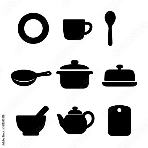 Minimalist Kitchen Icons. Solid, filled icon set of cozy minimalist kitchenware: ceramic plate, glass cup, wooden spoon, cast iron